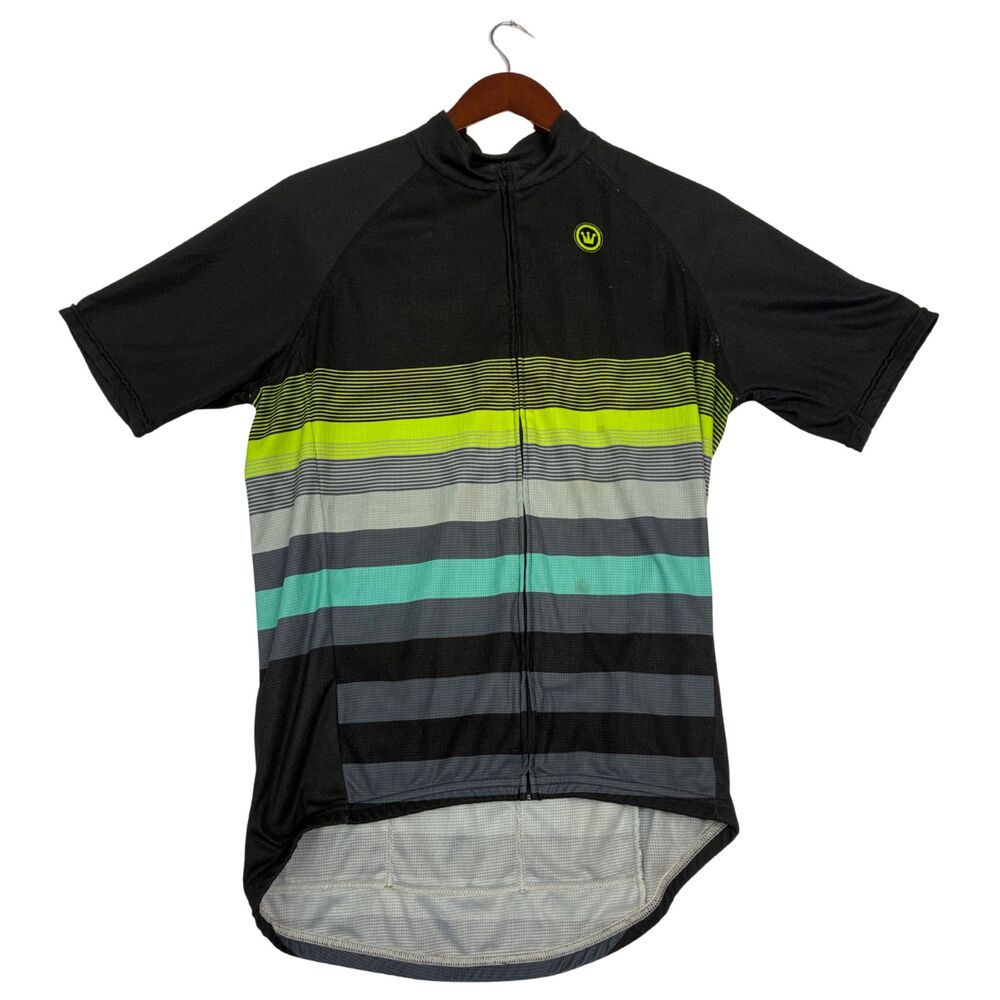 Canari Cycling Jersey Mens Black Green Stripe Full Zip Short Sleeve Bike Shirt